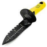 Black and yellow soil probe tool with measurement markings on a white background