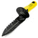 Black and yellow soil probe tool with measurement markings on a white background