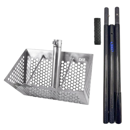 A metal basket attachment with a three black carbon-fiber-style poles with textured grips and a small black grip piece on a white background. The scoop has the brand name 'CKG' printed on it.