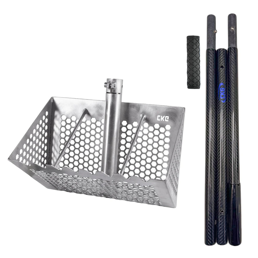 A metal basket attachment with a three black carbon-fiber-style poles with textured grips and a small black grip piece on a white background. The scoop has the brand name 'CKG' printed on it.