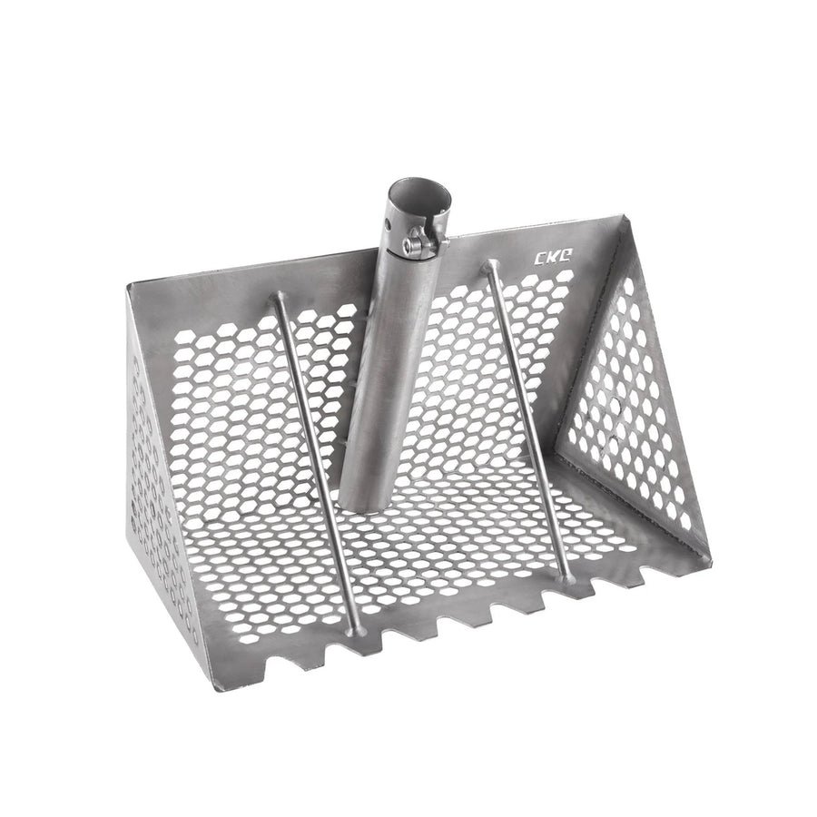 A stainless steel sand rank with a central vertical shaft and side guide rods, featuring a perforated design and the brand name 'CKG' printed on the side, set against a plain white background.