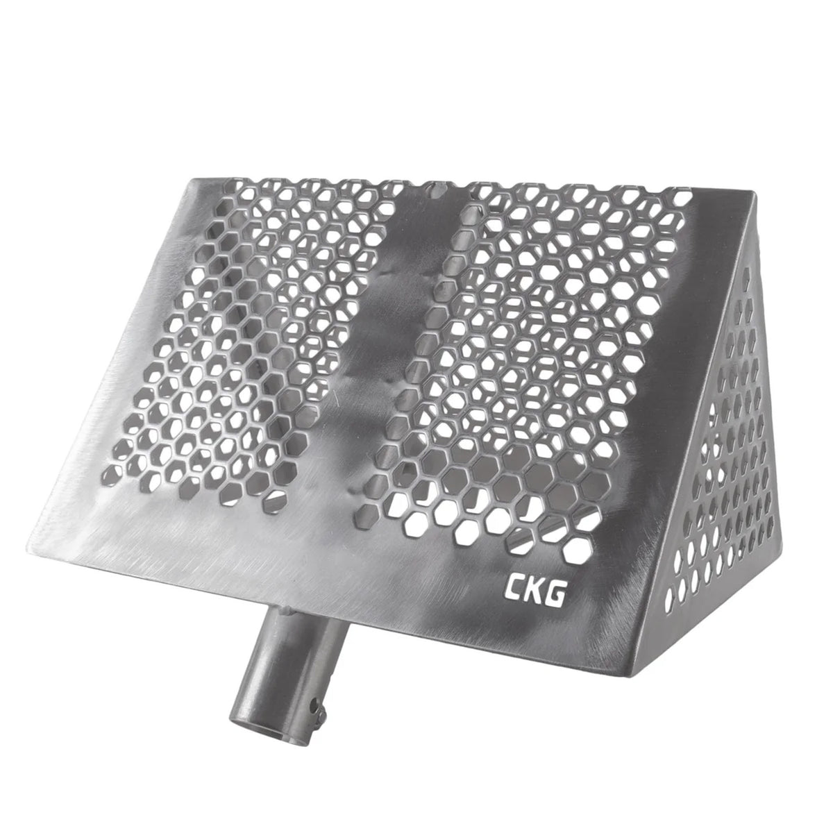 A triangular stainless steel sand rack with a honeycomb perforated pattern, featuring a cylindrical mounting stem at the bottom and the brand name 'CKG' printed on the side, set against a plain white background.