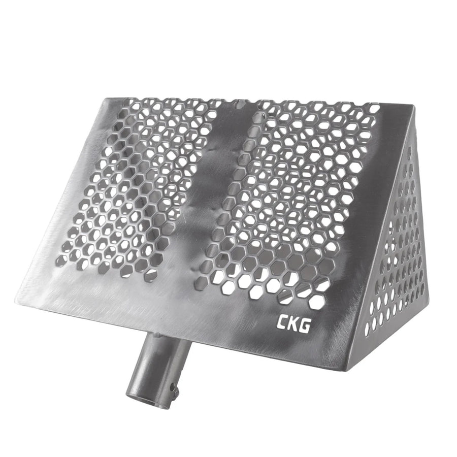 A triangular stainless steel sand rack with a honeycomb perforated pattern, featuring a cylindrical mounting stem at the bottom and the brand name 'CKG' printed on the side, set against a plain white background.