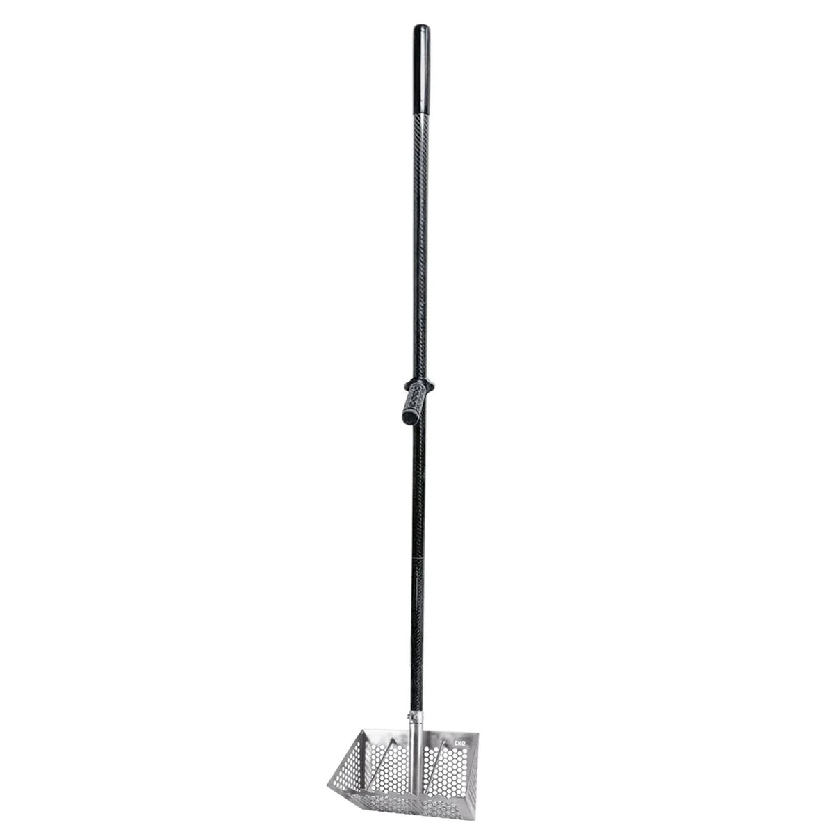 A long-handled stainless steel sand rack  with a black handle and a silver mesh basket base, shown against a plain white background.