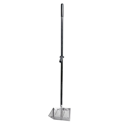 A long-handled stainless steel sand rack  with a black handle and a silver mesh basket base, shown against a plain white background.