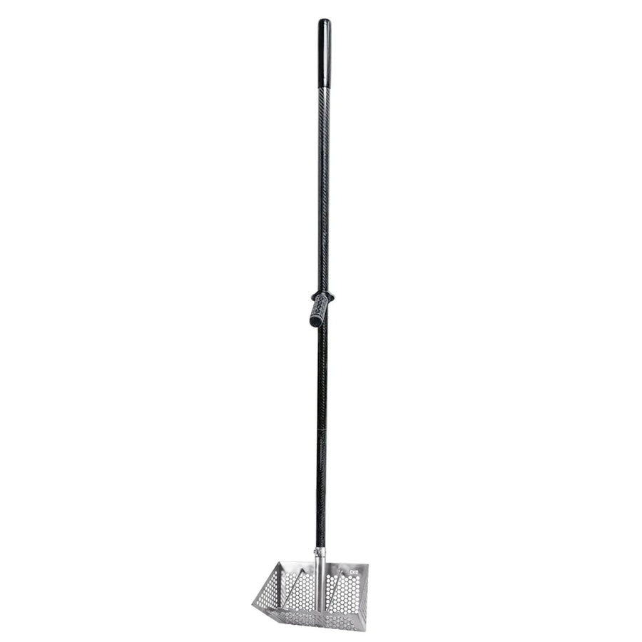 A long-handled stainless steel sand rack  with a black handle and a silver mesh basket base, shown against a plain white background.
