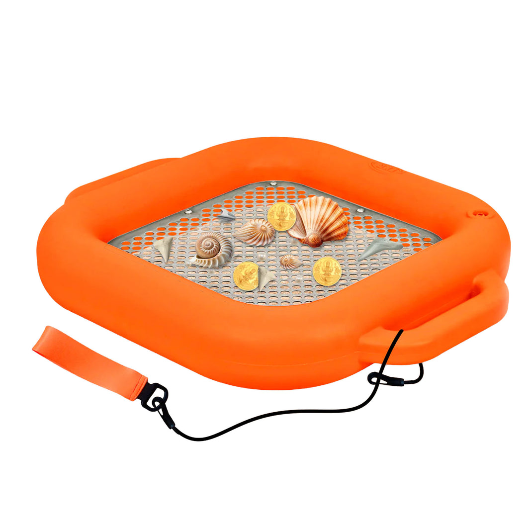 An inflatable orange shifter float with a stainless steel mesh center, decorated with seashells and coins, featuring a carrying strap and black leash on a white background.