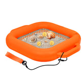 An inflatable orange shifter float with a stainless steel mesh center, decorated with seashells and coins, featuring a carrying strap and black leash on a white background.