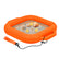 An inflatable orange shifter float with a stainless steel mesh center, decorated with seashells and coins, featuring a carrying strap and black leash on a white background.