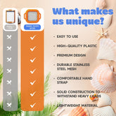 Promotional graphic for a shark tooth sifter showing two vertical product columns side by side on a sandy beach-themed background. The left column is labeled 'HAND SIFTED' in an orange frame and is gray; the right column is labeled 'SHARK TOOTH SIFTED' with an orange cap and is orange.