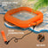 An orange inflatable sifting float with a stainless steel mesh center, shown on a beach with text callouts reading 'STAINLESS STEEL MESH', 'SOLID CONSTRUCTION', and 'NO RUST'.