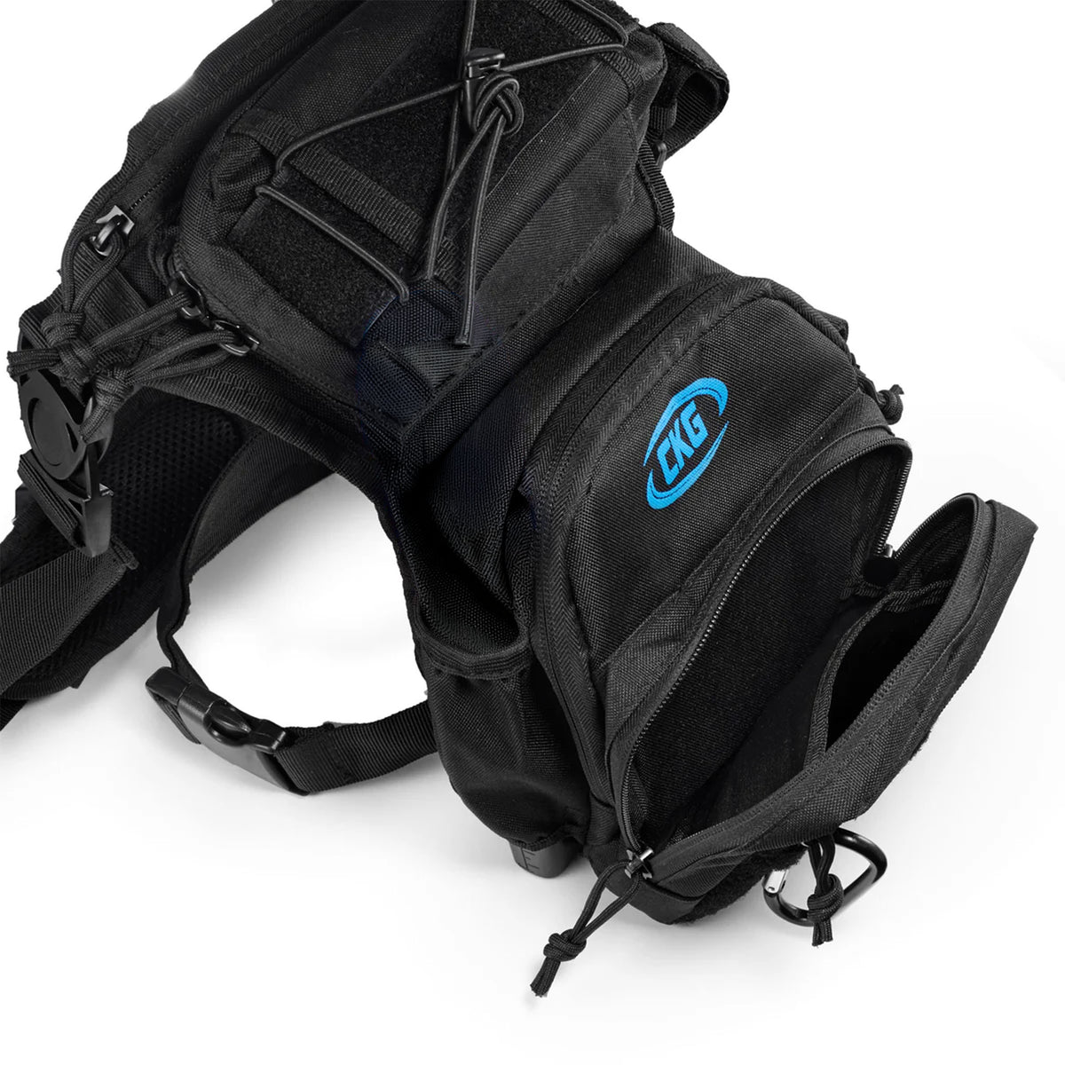 CKG Tactical Drop Leg Pouch Metal Detecting Thigh and Waist Bag with Pinpointer Holster black top view with open compartment 