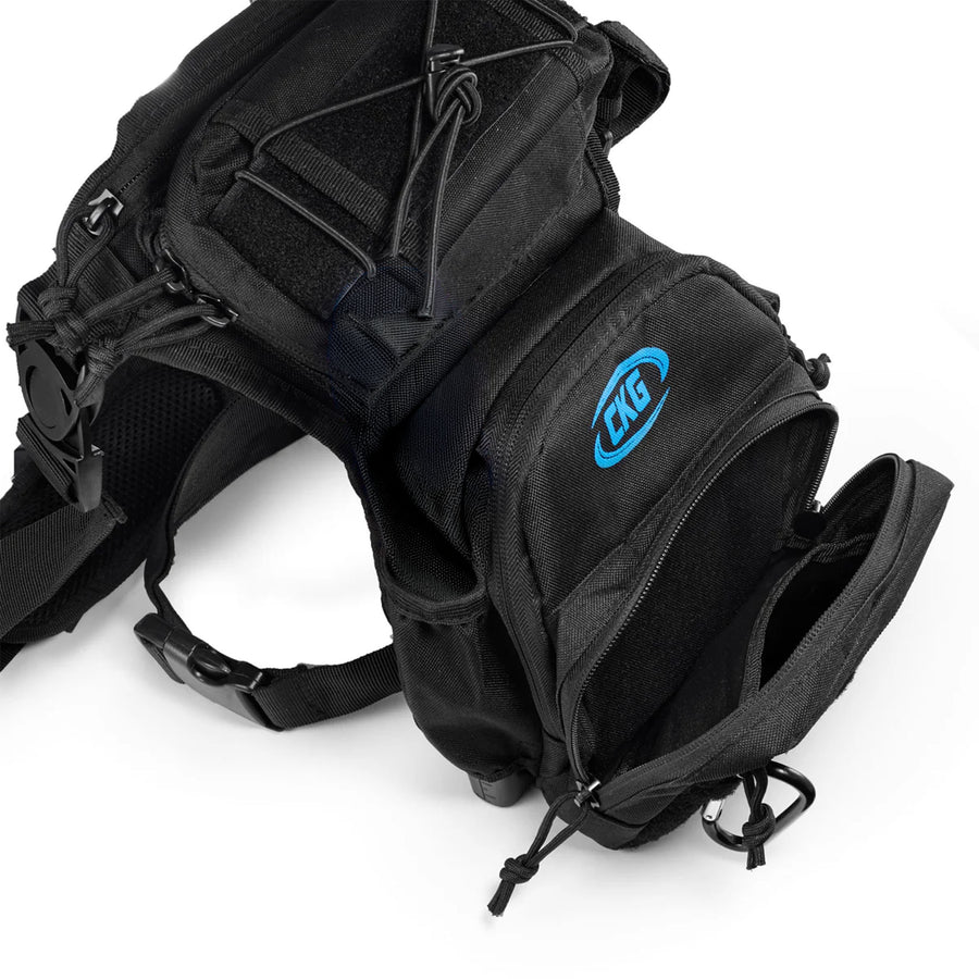 CKG Tactical Drop Leg Pouch Metal Detecting Thigh and Waist Bag with Pinpointer Holster black top view with open compartment 