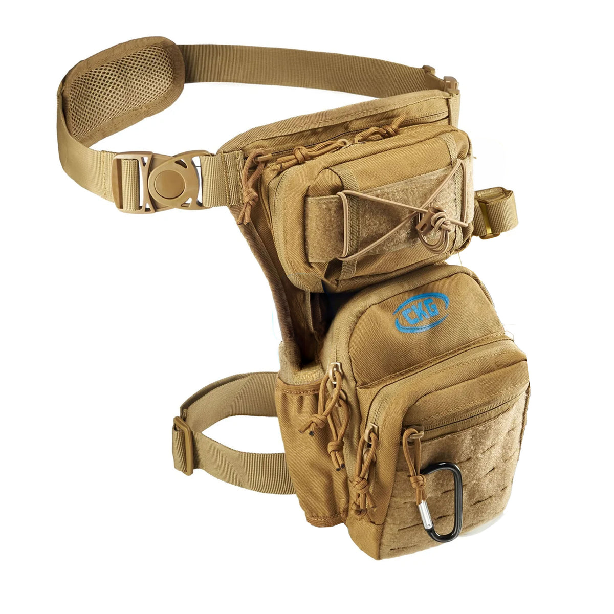 CKG Tactical Drop Leg Pouch Metal Detecting Thigh and Waist Bag with Pinpointer Holster khaki side view