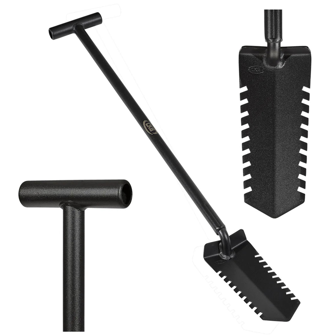 CKG T Handle Metal Detecting Shovel, Narrow Serrated Blade Digger close up of digger, handle, and digger blade