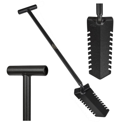 CKG T Handle Metal Detecting Shovel, Narrow Serrated Blade Digger close up of digger, handle, and digger blade
