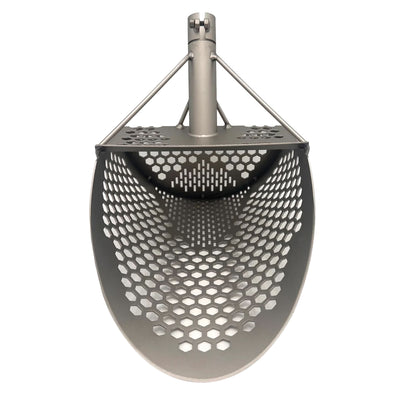 CKG Pro titanium sand scoop front view showing hexagonal drain holes in the basket