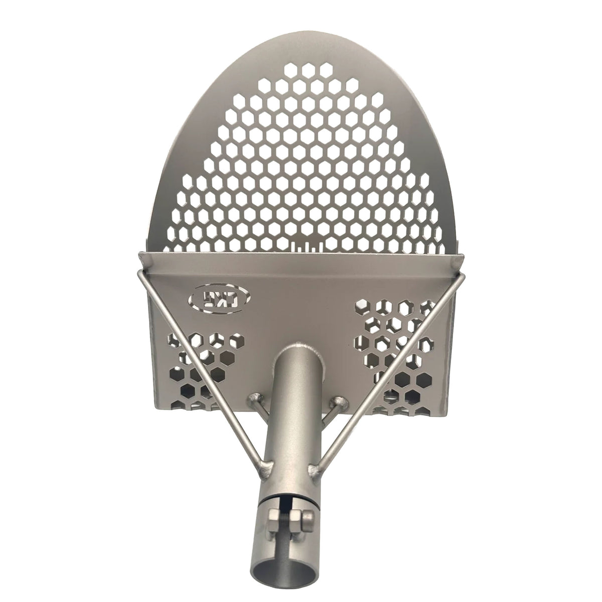 CKG Pro titanium sand scoop lying flat showing full basket length