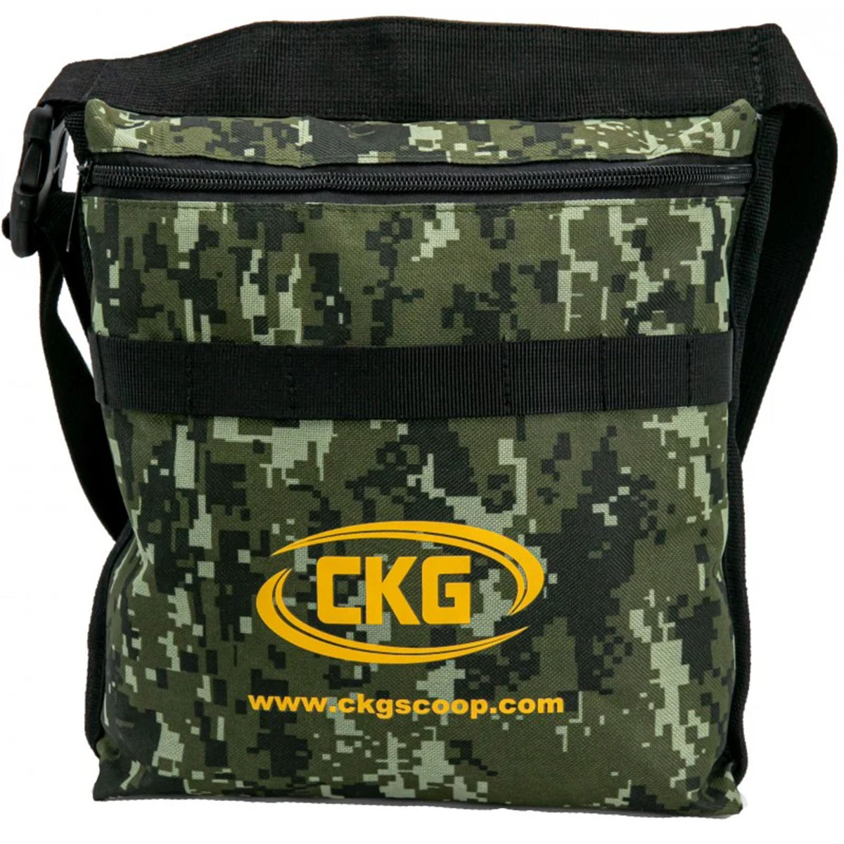 CKG Metal Detecting Finds Pouch with Belt - black and green camo front image with CKG  yellow logo and white background