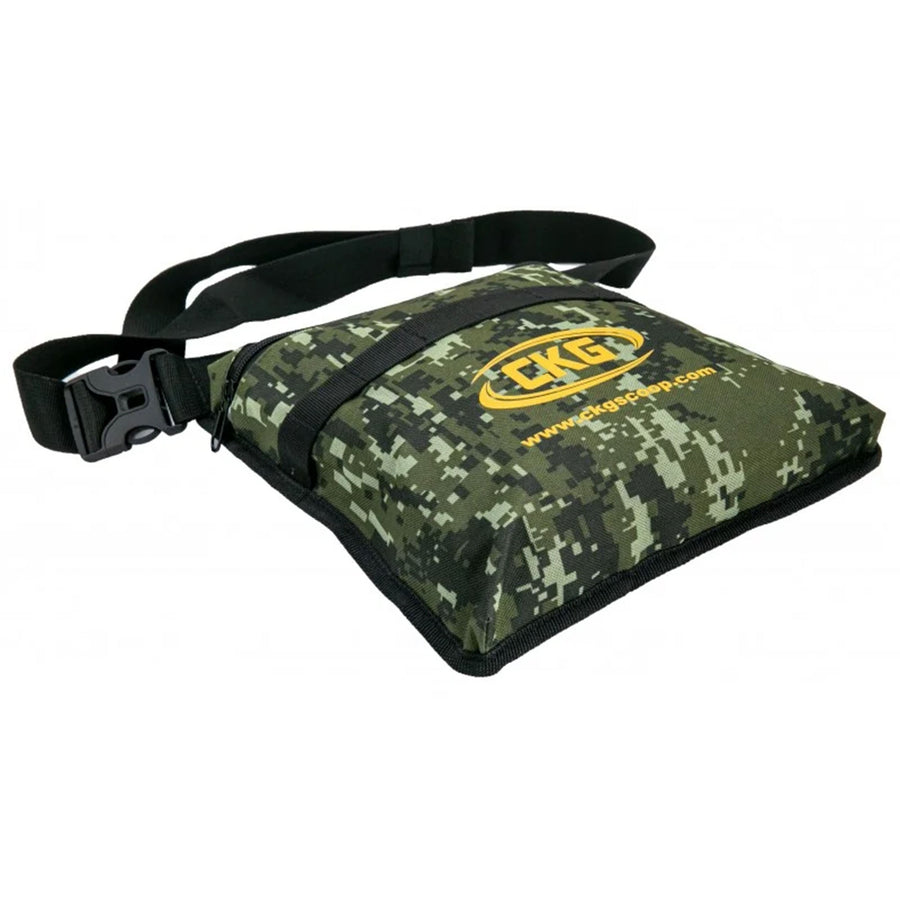 CKG Metal Detecting Finds Pouch with Belt - black and green camo laying flat with CKG  yellow logo and white background