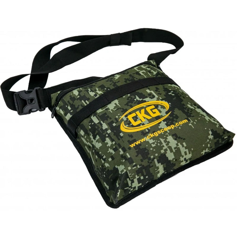 CKG Metal Detecting Finds Pouch with Belt - black and green camo laying flat with CKG  yellow logo and white background
