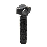 A black handle pull with a textured diamond-patterned rubber handlebar grip and a matching black clamp, shown on a plain white background.