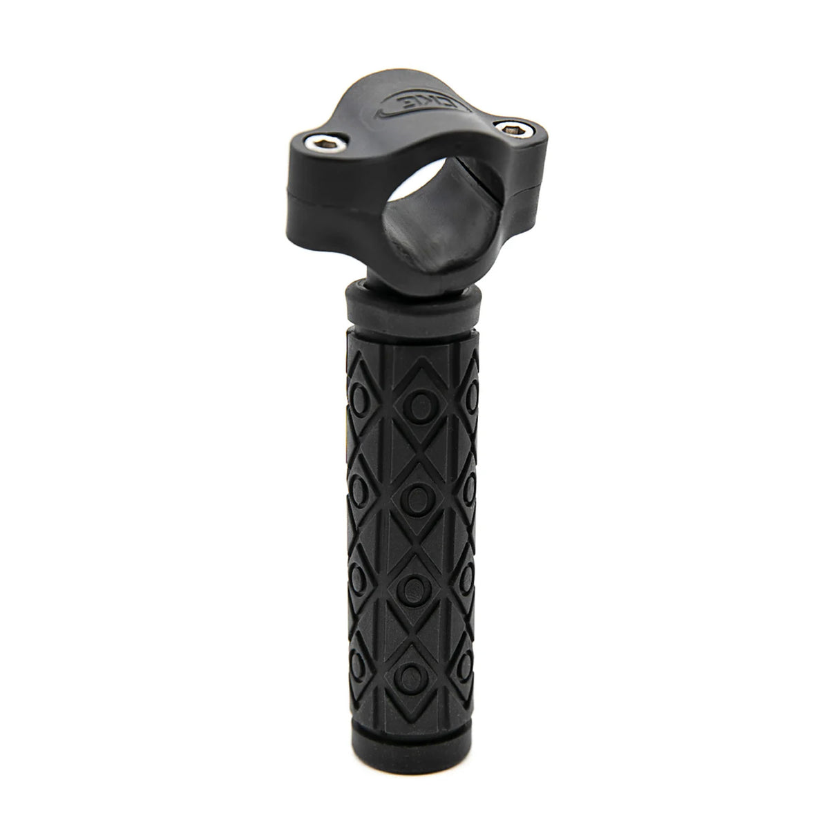 A black handle pull with a textured diamond-patterned rubber handlebar grip and a matching black clamp, shown on a plain white background.