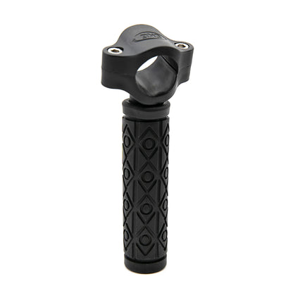 A black handle pull with a textured diamond-patterned rubber handlebar grip and a matching black clamp, shown on a plain white background.