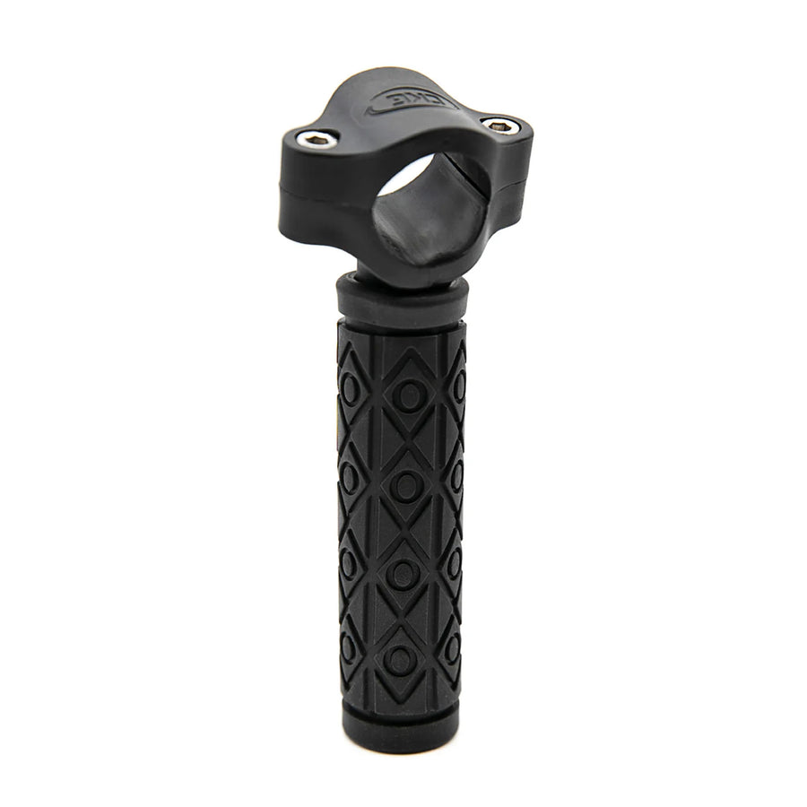 A black handle pull with a textured diamond-patterned rubber handlebar grip and a matching black clamp, shown on a plain white background.
