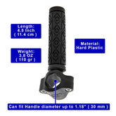 A black hard plastic pull handle grip with a textured grip tape pattern, shown with informational text overlays detailing its dimensions, weight, and compatibility.