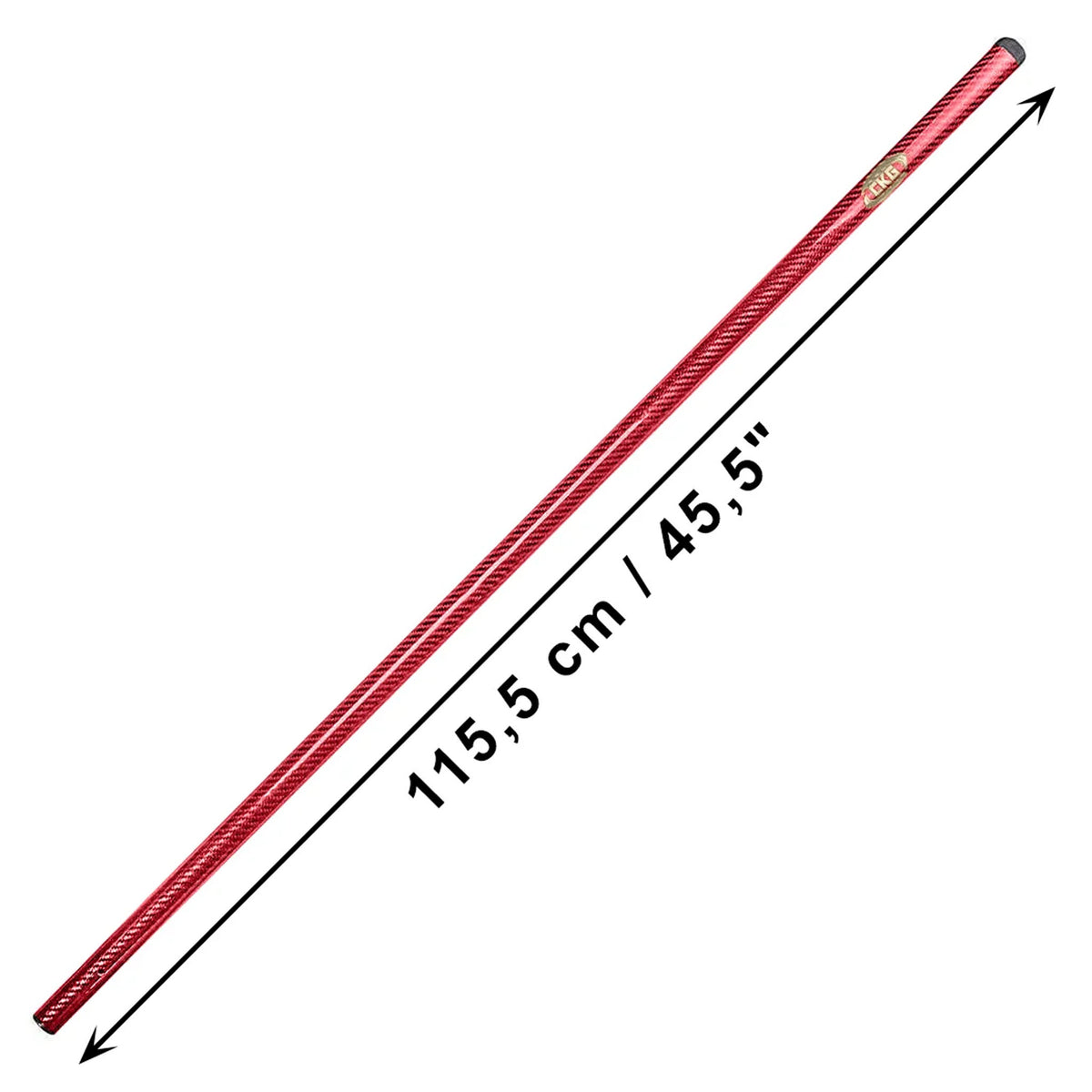 A red textured rod shown diagonally on a white background with black arrows and the text '115,5 cm / 45,5"' indicating its length.