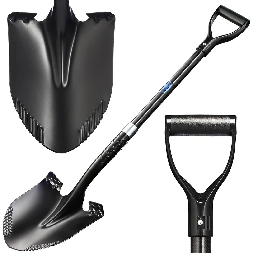 CKG Carbon Fiber Round Point Shovel - black shovel image showing full shovel, shovel head, and handle.