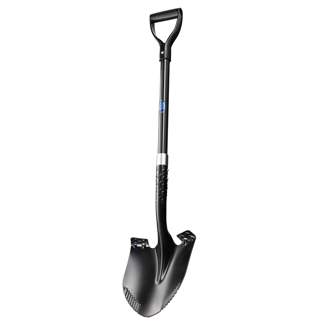 A black metal shovel with a D-handle and ribbed grip, shown vertically on a plain white background.