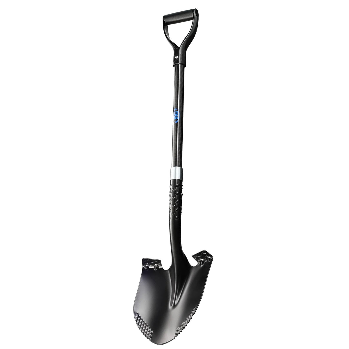 A black metal shovel with a D-handle and ribbed grip, shown vertically on a plain white background.