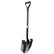 A black metal shovel with a D-handle and ribbed grip, shown vertically on a plain white background.
