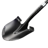 A black metal shovel with a textured handle, shown diagonally on a plain white background.
