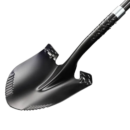 A black metal shovel with a textured handle, shown diagonally on a plain white background.