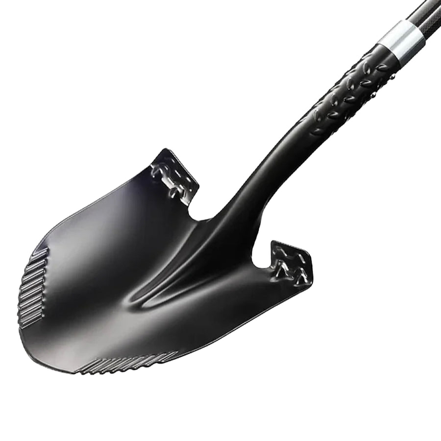 A black metal shovel with a textured handle, shown diagonally on a plain white background.