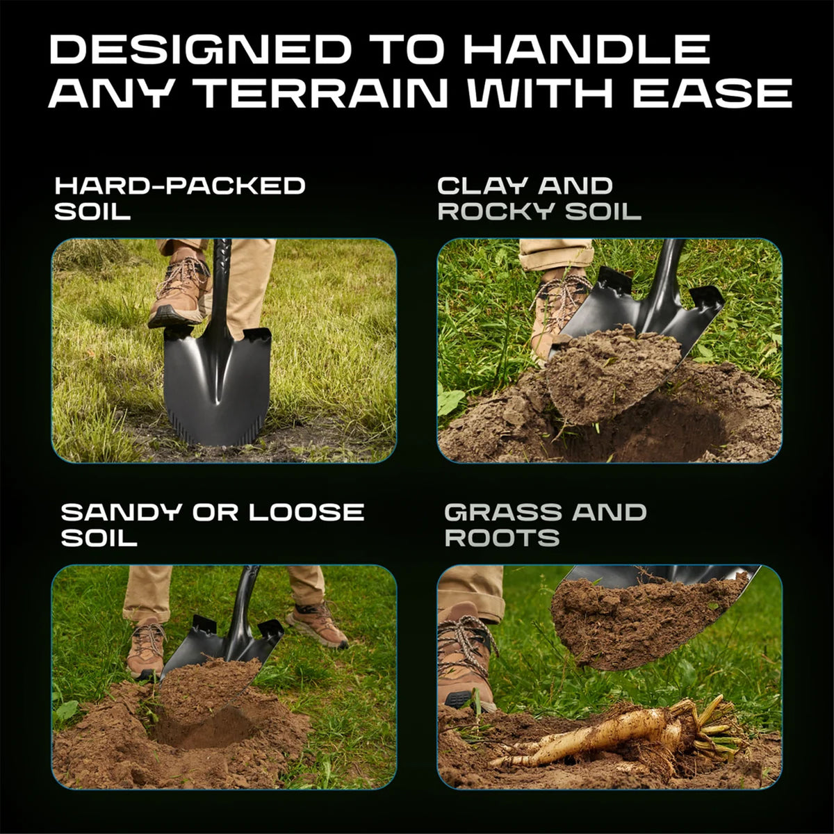 A black metal garden shovel shown in four demonstration panels on a black background, with white text reading 'DESIGNED TO HANDLE ANY TERRAIN WITH EASE' and labels for hard-packed soil, clay and rocky soil, sandy or loose soil, and grass and roots.