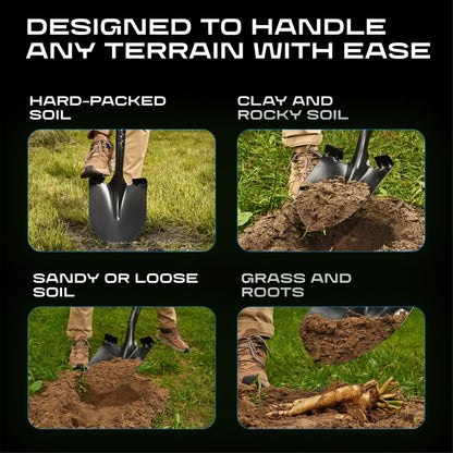 A black metal garden shovel shown in four demonstration panels on a black background, with white text reading 'DESIGNED TO HANDLE ANY TERRAIN WITH EASE' and labels for hard-packed soil, clay and rocky soil, sandy or loose soil, and grass and roots.