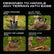 A black metal garden shovel shown in four demonstration panels on a black background, with white text reading 'DESIGNED TO HANDLE ANY TERRAIN WITH EASE' and labels for hard-packed soil, clay and rocky soil, sandy or loose soil, and grass and roots.