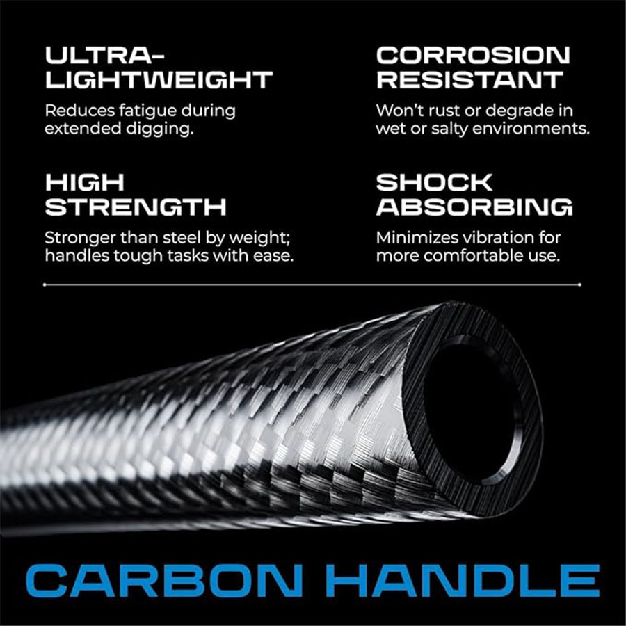 A promotional graphic for a carbon fiber handlebar showing a close-up of the textured carbon weave on a black background with feature callouts: ultra-lightweight, corrosion resistant, high strength, and shock absorbing.