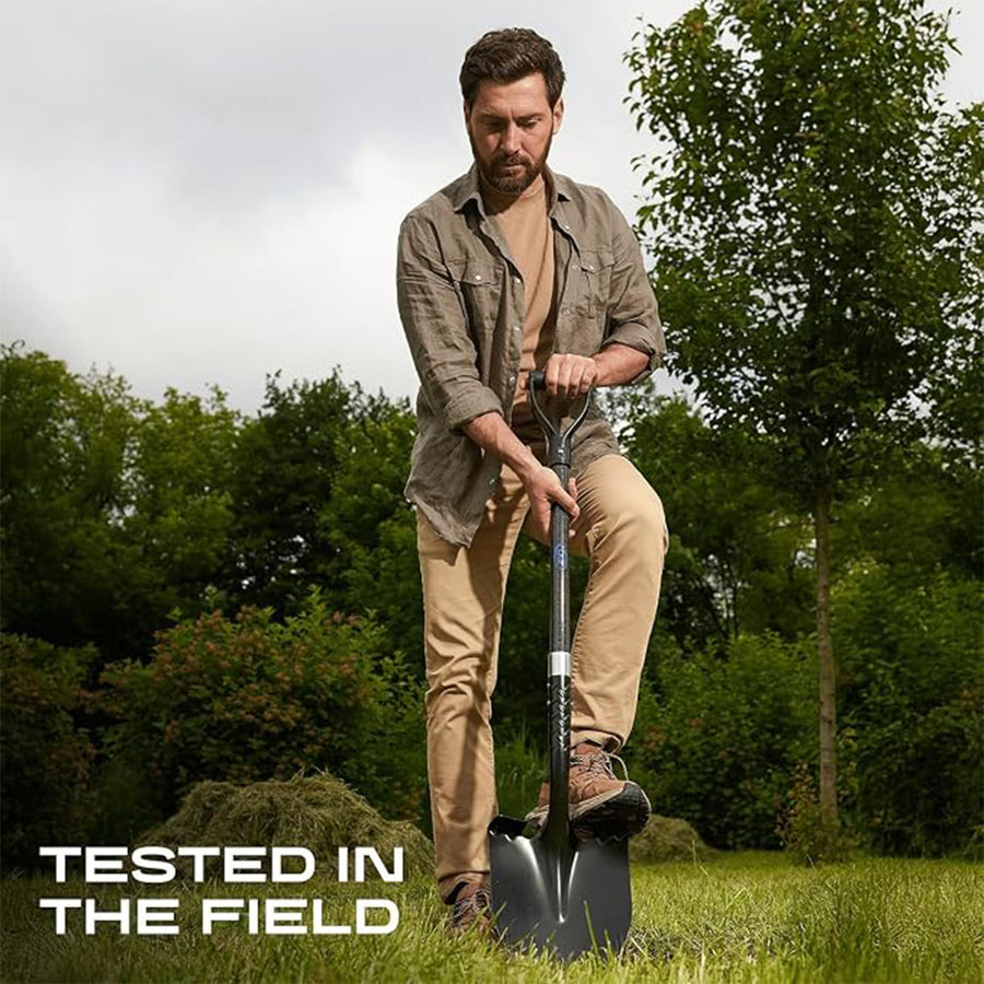 Man holding a shovel in a grassy field with trees in the background, text 'Tested in the Field' displayed.