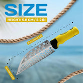 Scoop with yellow handle and measurements on a blue background