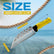 Scoop with yellow handle and measurements on a blue background