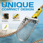Sand scoop with yellow handle and text highlighting features on a blue background