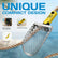 Sand scoop with yellow handle and text highlighting features on a blue background