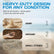 Promotional graphic for a heavy-duty sand filter media or sand bag, showing text reading 'HEAVY-DUTY DESIGN FOR ANY CONDITION' and three labeled panels for sand, ground, and small stones on a blurred beach-like background.