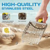 Metal sand scoop on sand, highlighting high-quality stainless steel construction.
