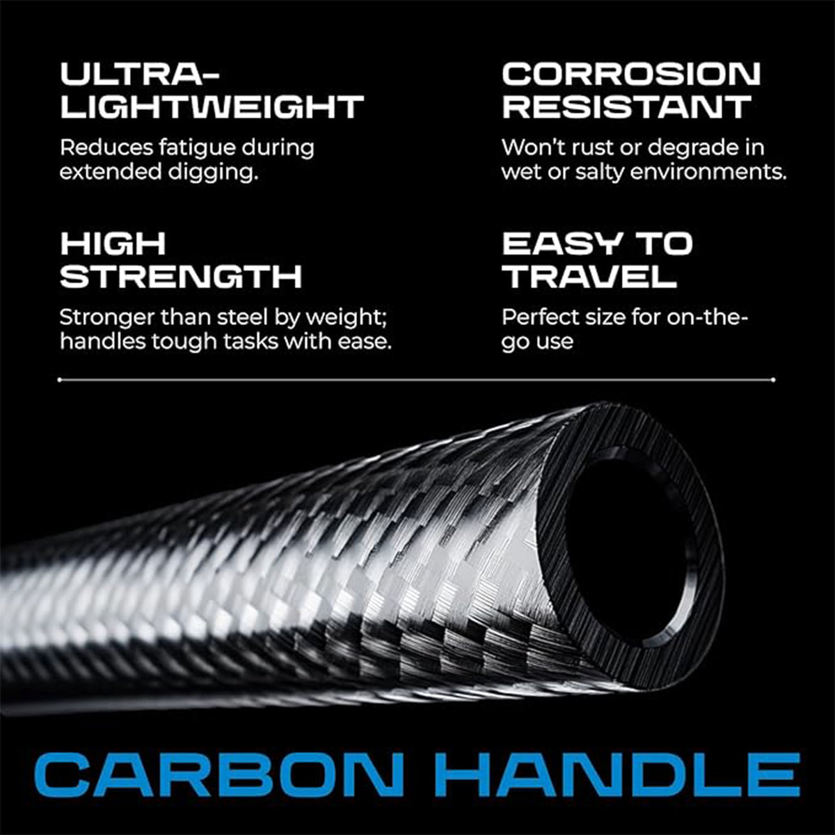 A carbon fiber handlebar shown diagonally on a black background with marketing text highlighting ultra-lightweight, corrosion-resistant, high strength, and easy-to-travel benefits.